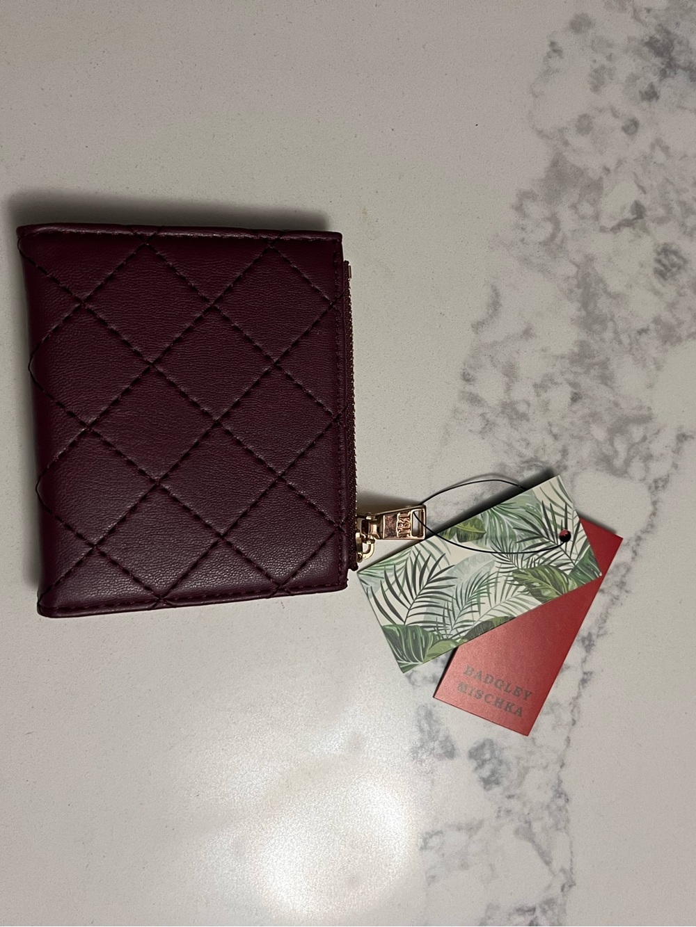Badgley Mischka Quilted Card & Key Holder in Burgundy with Gold Hardware - Picture 4 of 8